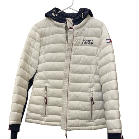 Tommy Hilfiger Lightweight Hooded Puffer Jacket White and Blue Women’s Small - Picture 1 of 17
